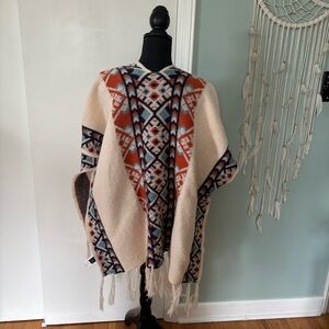 Women's Cream and Blue Patterned Shaw